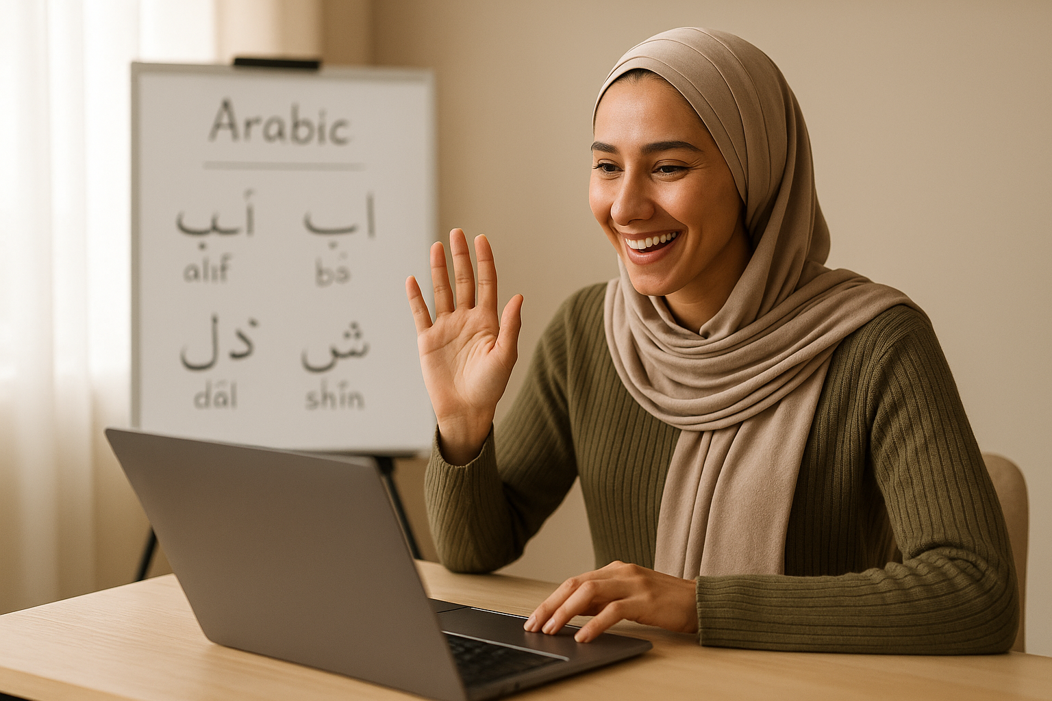 Arabic tutor teaching online with notes and Arabic script