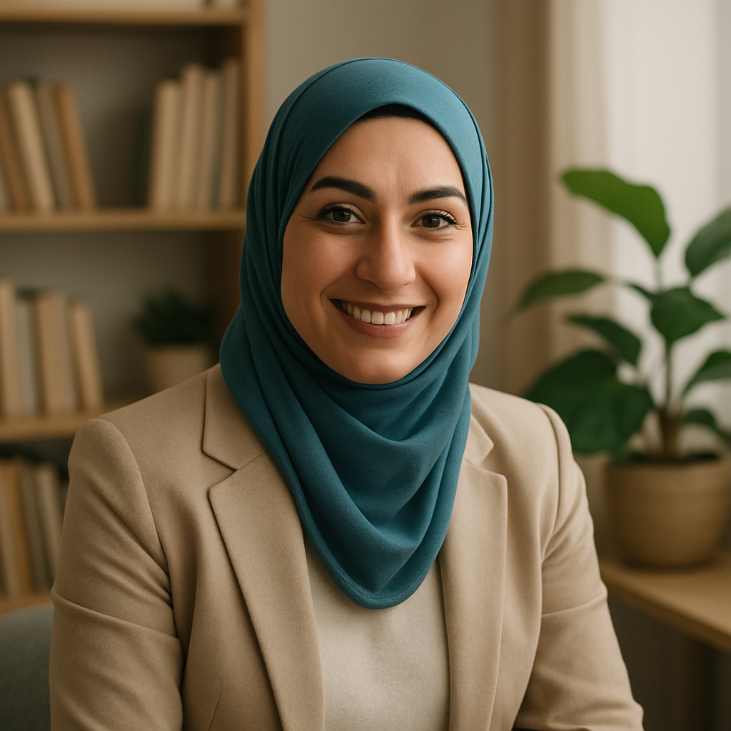 Portrait of the Arabic tutor smiling, in a well-lit study