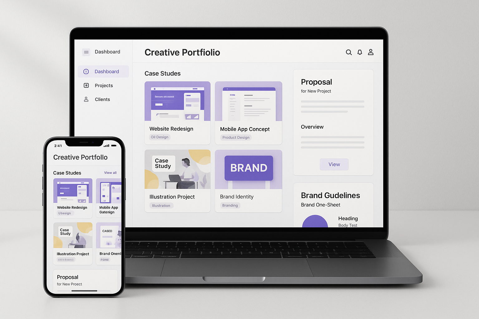 Portfolio and proposal toolkit mockups on desktop and mobile