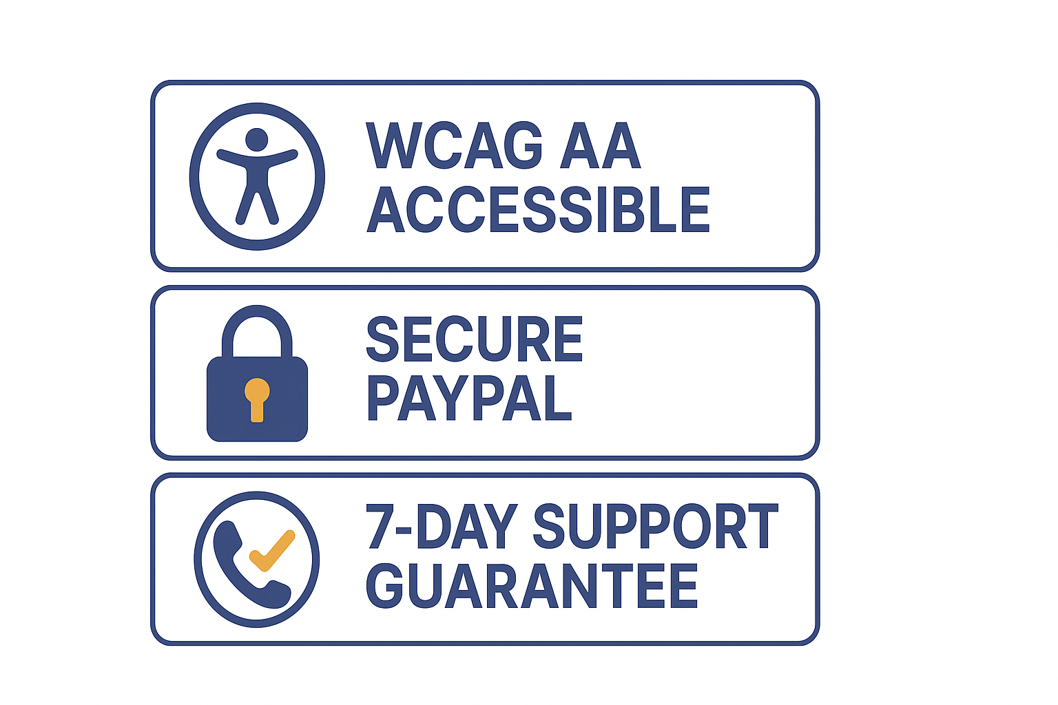 WCAG AA, PayPal Secure, and 7-day Support badges