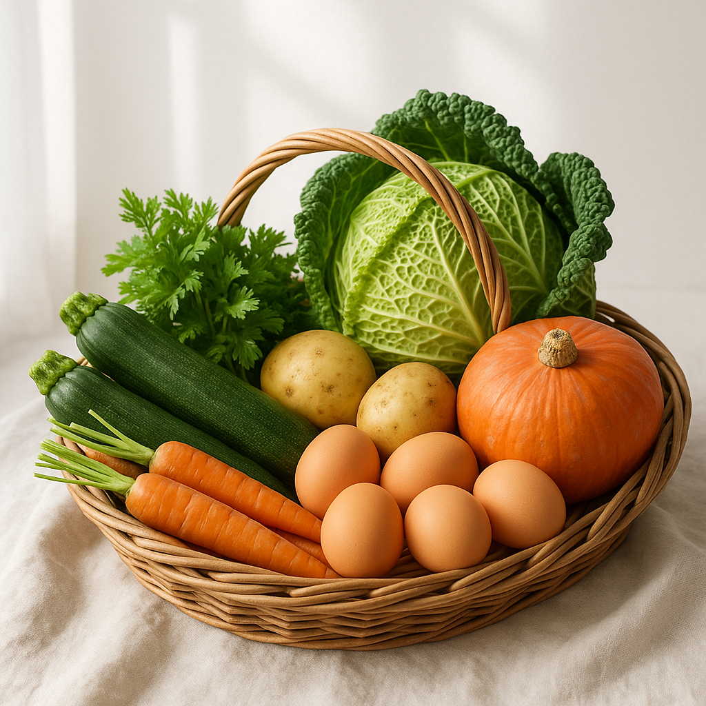 Seasonal produce basket with eggs in natural light