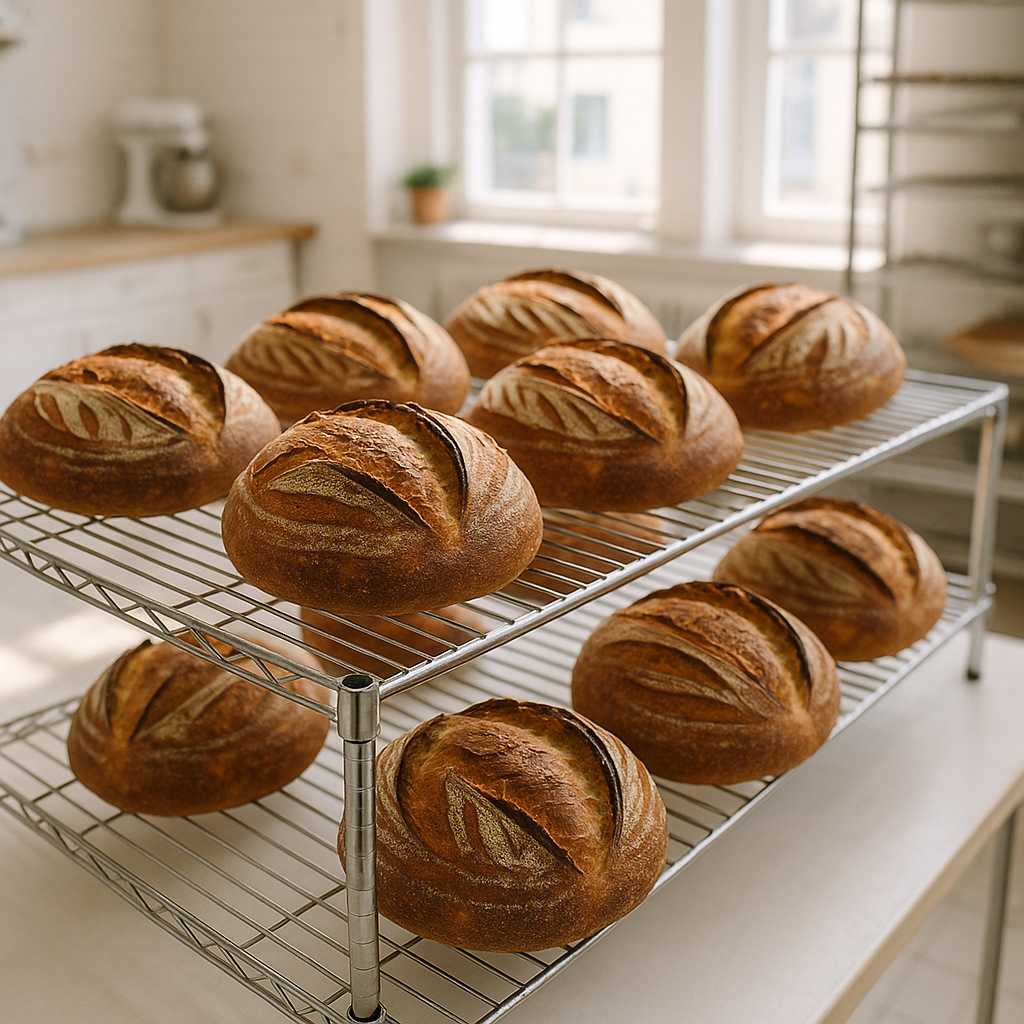 Hearth Bakery sourdough loaves on cooling rack