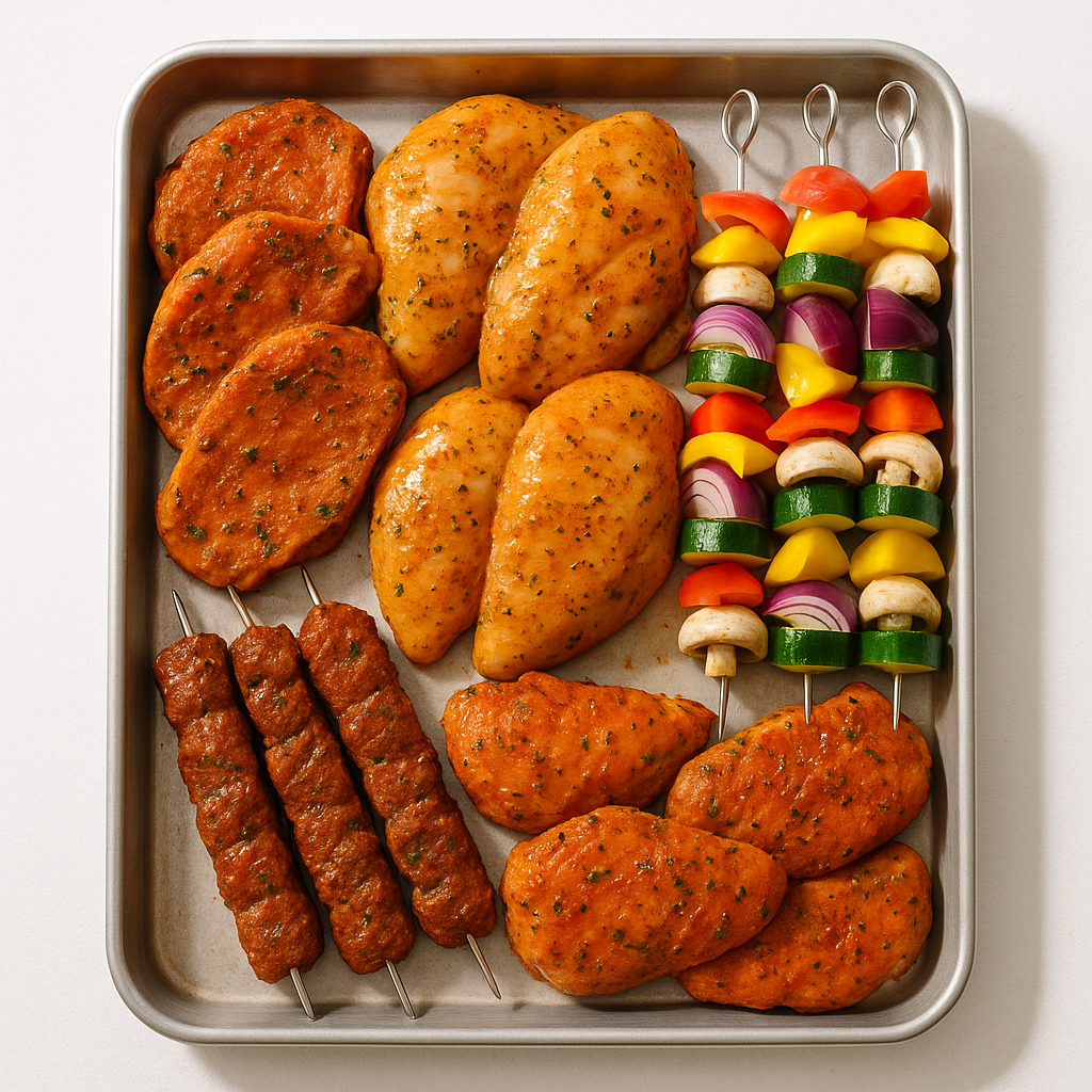 Grill Kit with marinated meats and vegetables