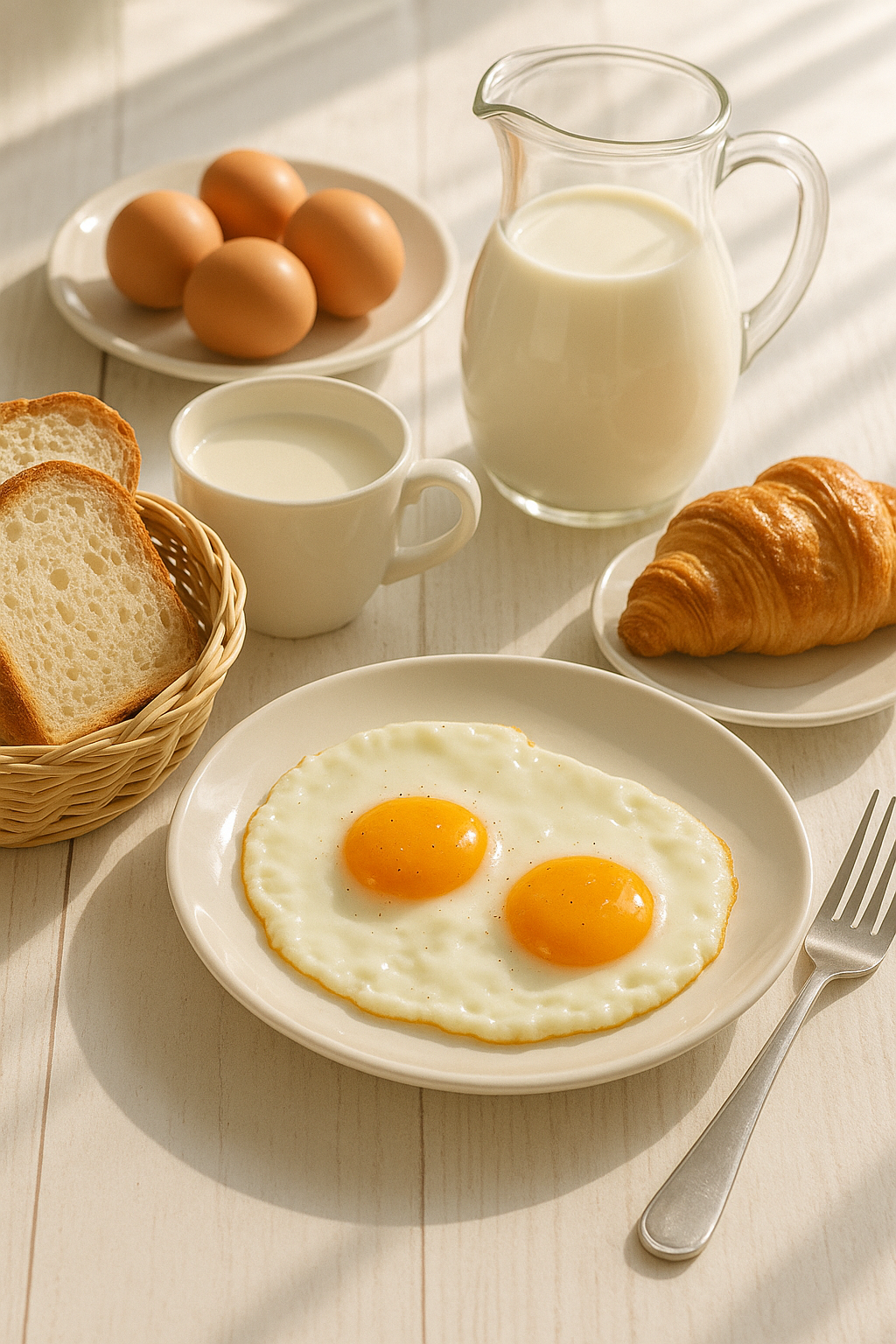 Breakfast table with local eggs, bread, and milk
