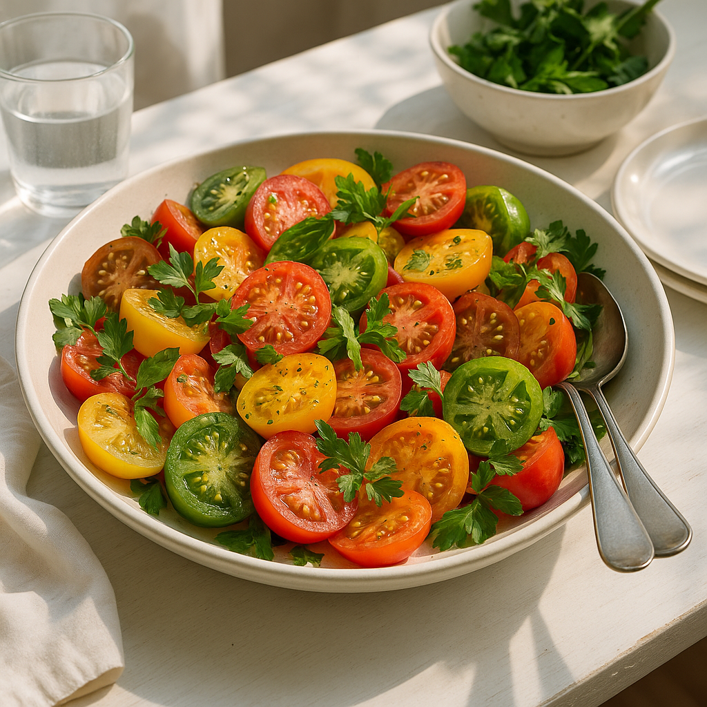 Family salad kit with heirloom tomatoes and herbs