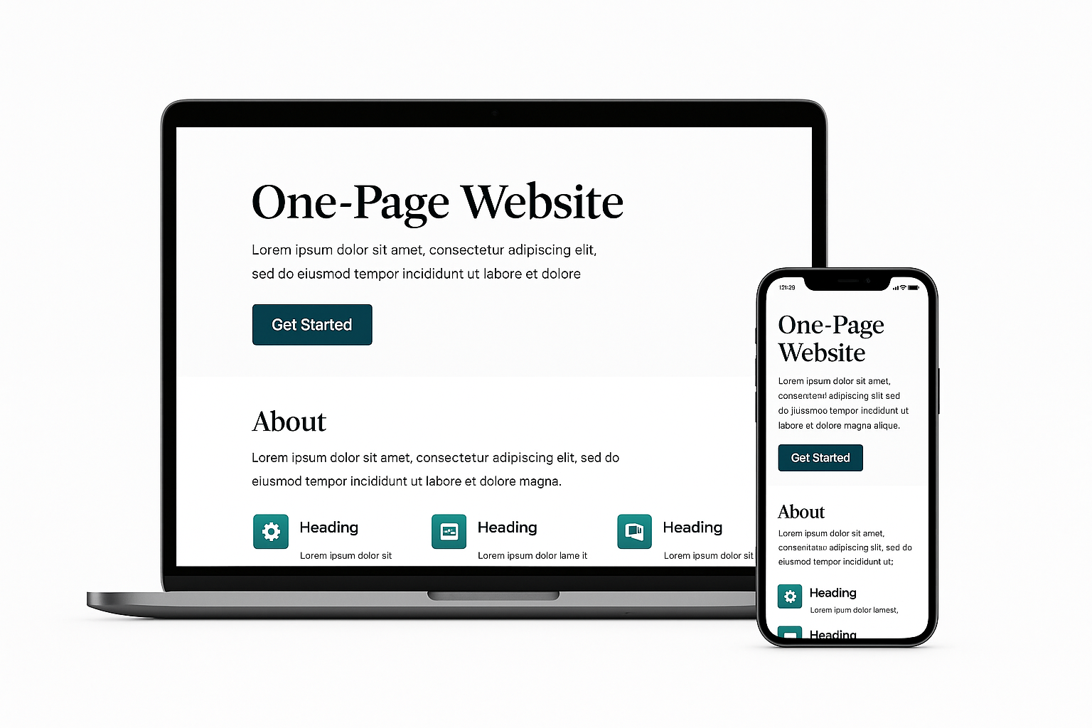 Clean one-page website mockups on laptop and phone