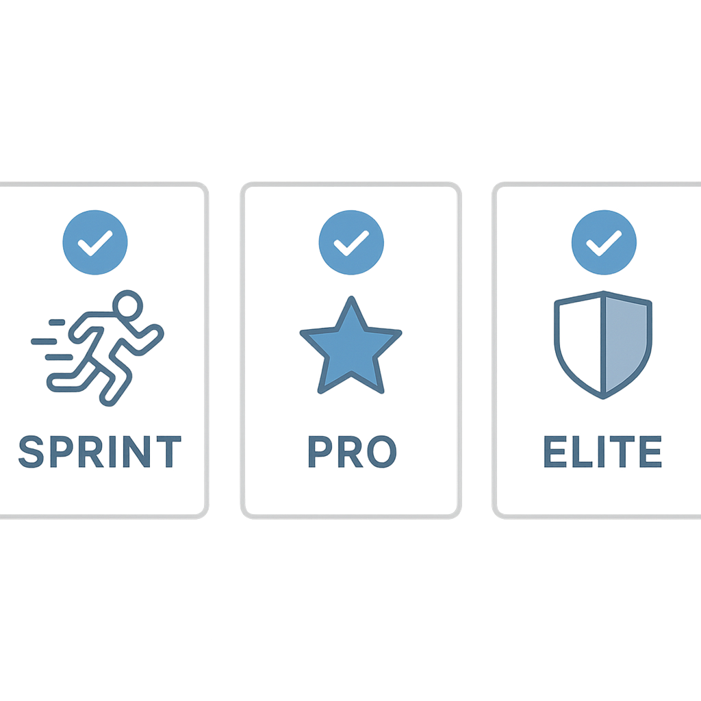 Sprint, Pro, and Elite plan badges