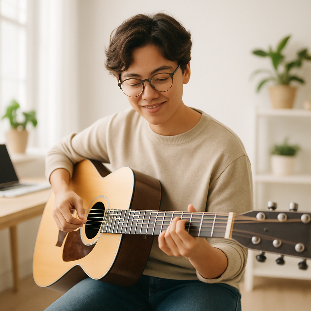 Person practicing guitar in a bright studio