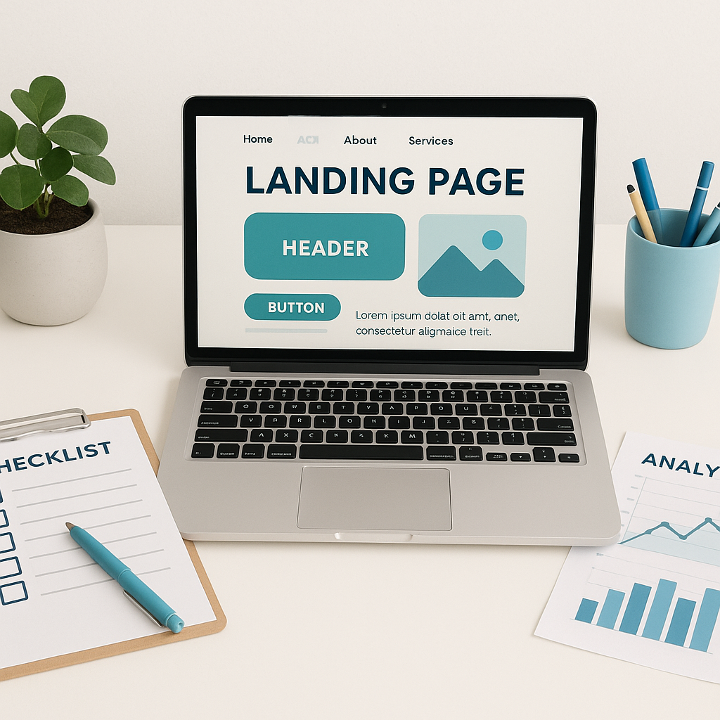Workspace showing a landing page, checklist, and analytics