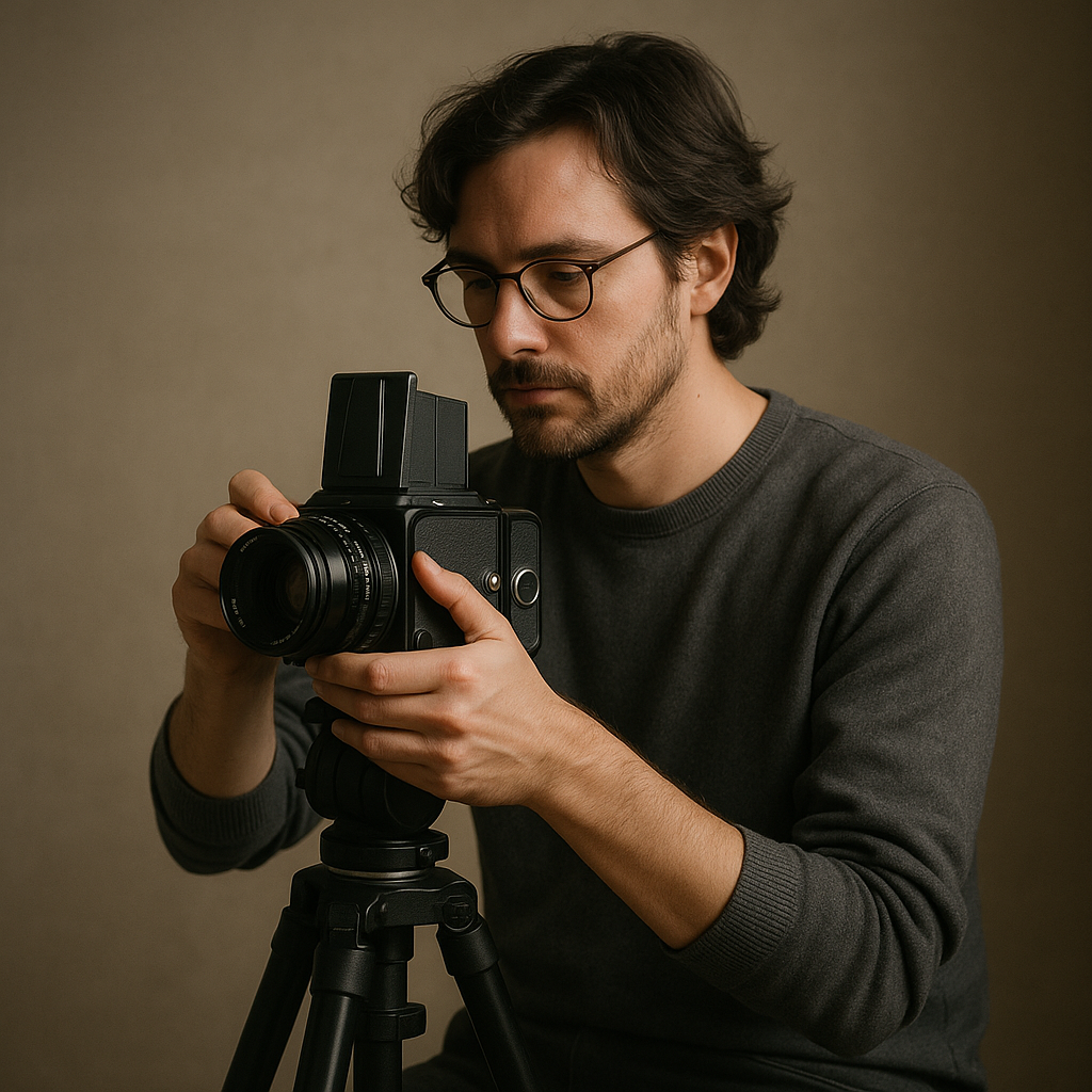 Photographer at work adjusting medium format camera