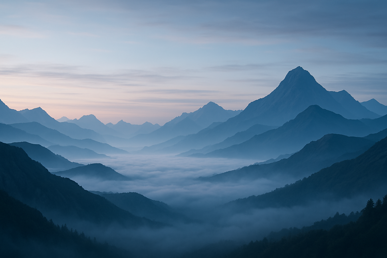Mountain range at dawn above clouds