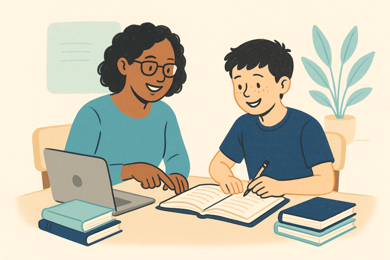 Tutor supporting a student with reading on a laptop