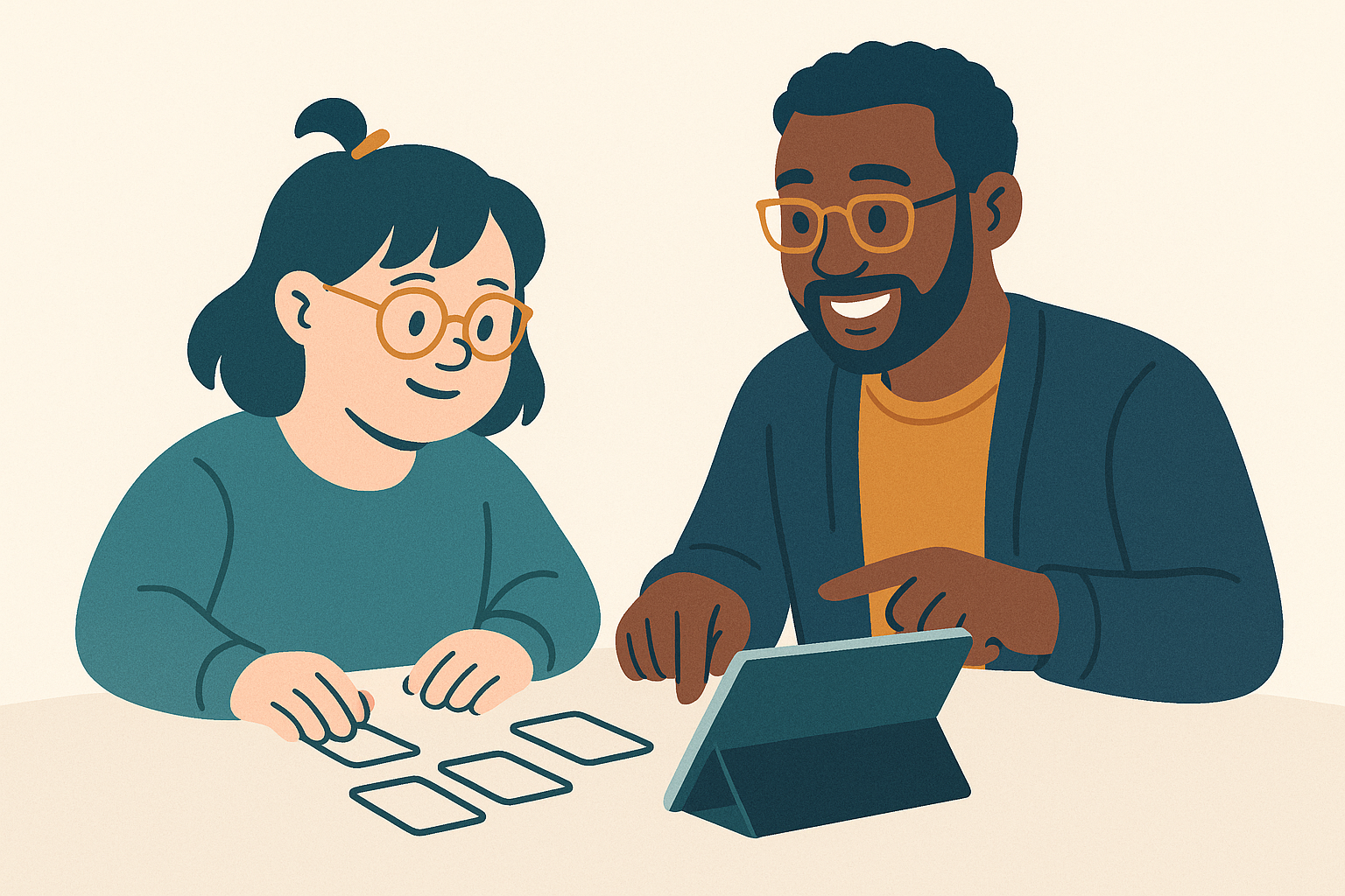 Tutor guiding a smiling student with a tablet and notecards