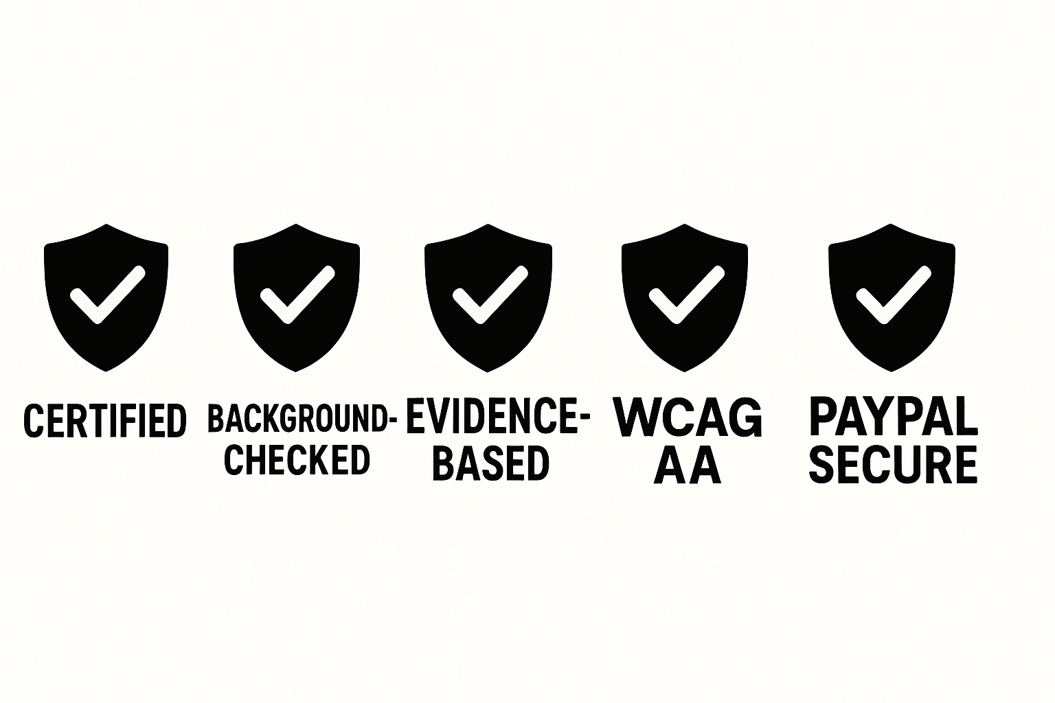 Trust badges for certification, background checks, evidence-based practice, accessibility, and secure payments.