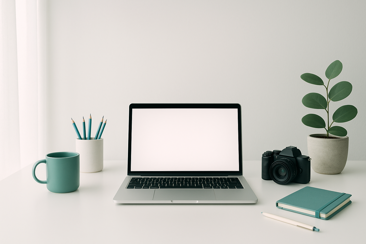 Stylized workspace with camera and laptop on a bright desk