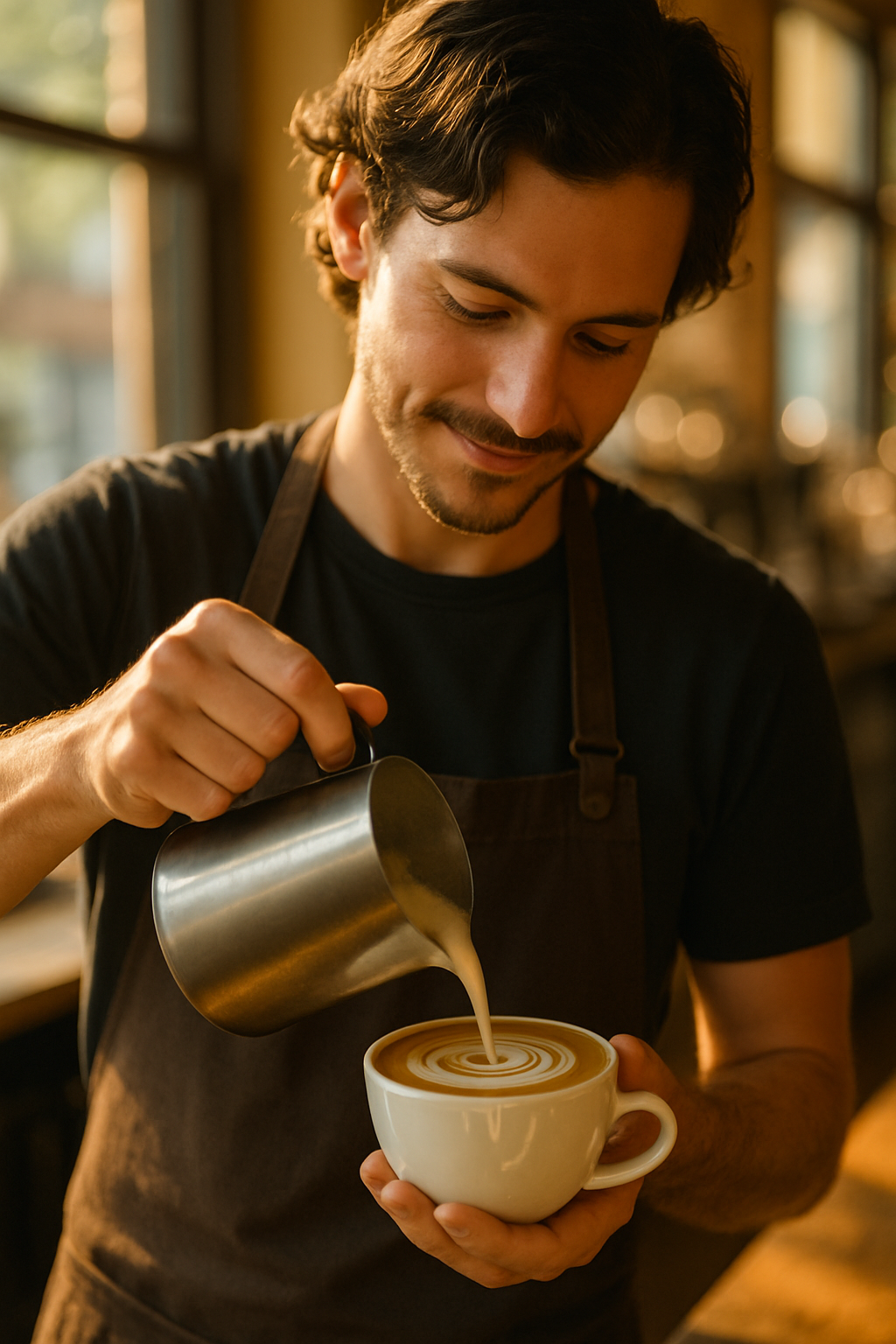 Smiling barista pouring latte art in a sunlit cafe