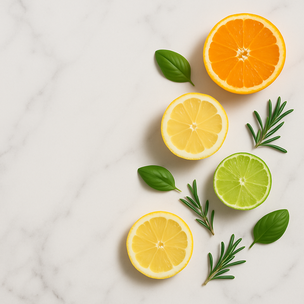 Citrus flat-lay with herbs on white marble