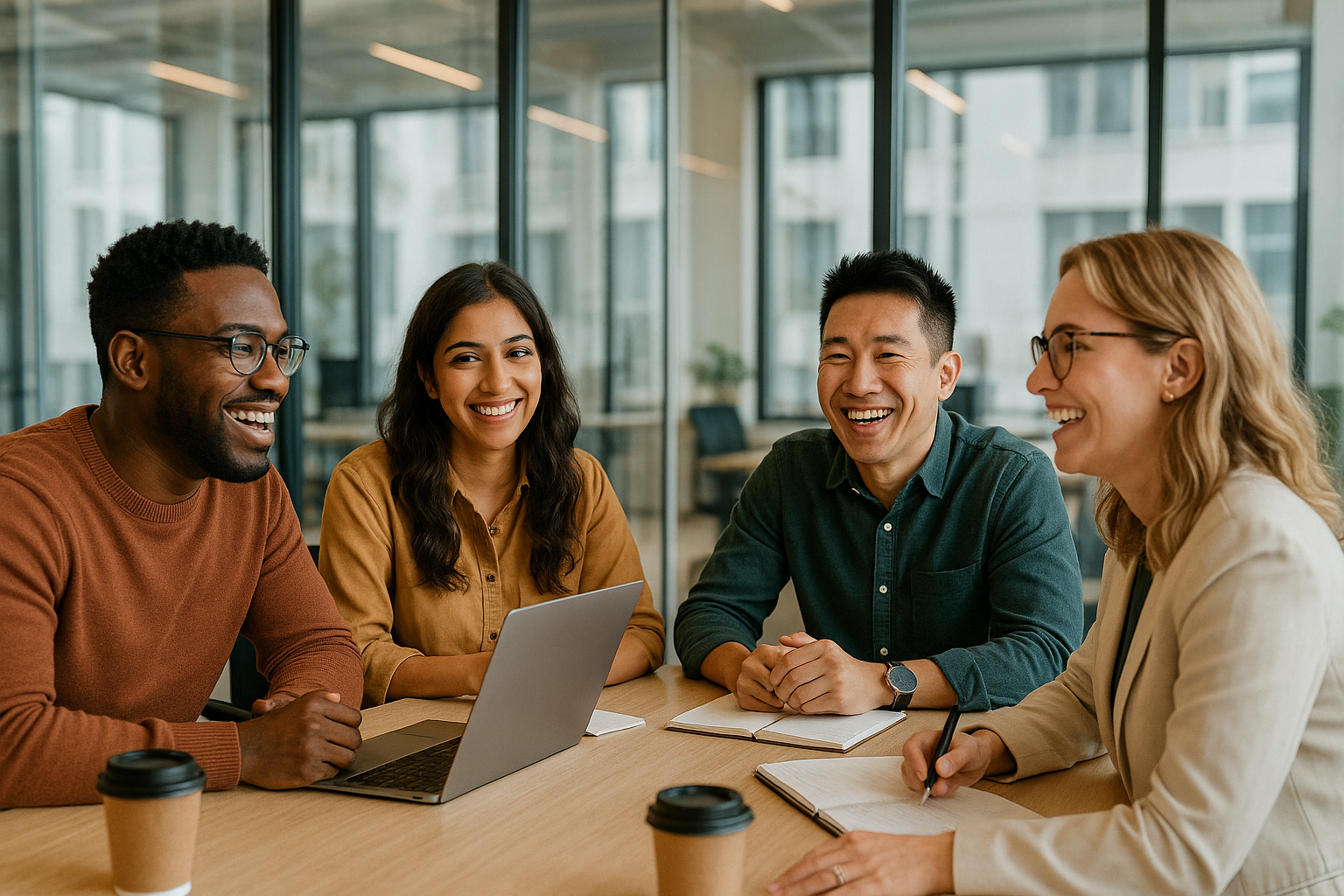 Diverse startup team collaborating in a bright office