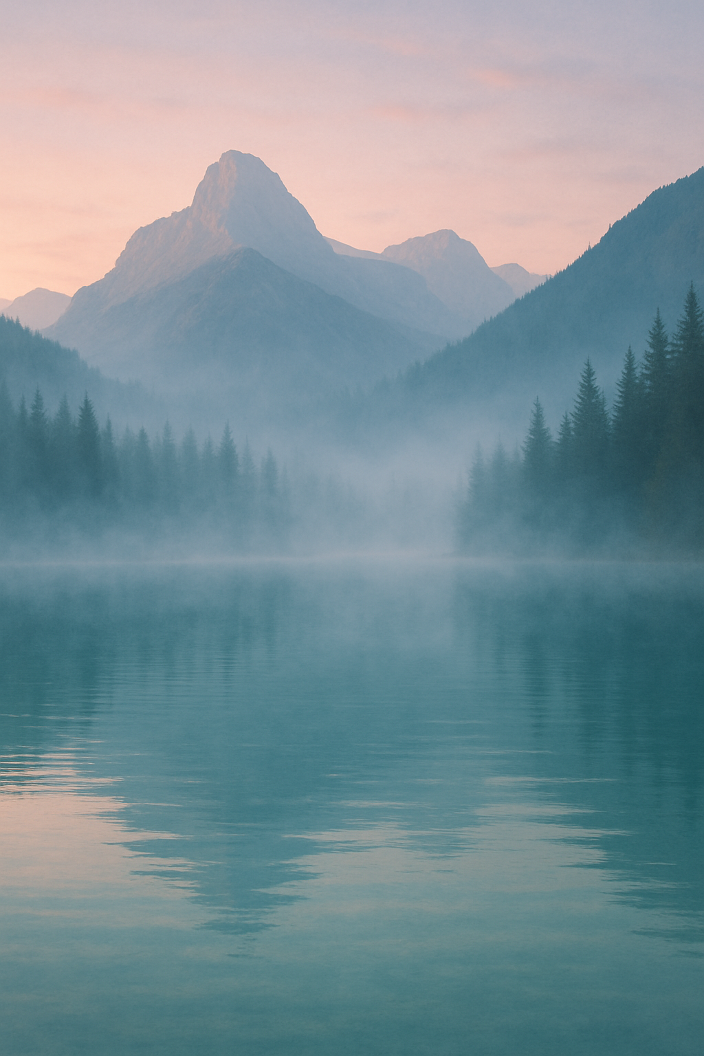 Misty mountain lake at sunrise