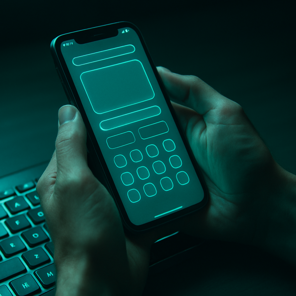 Hands using smartphone above keyboard with teal light