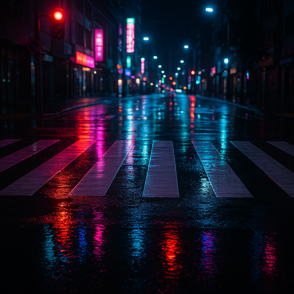Neon-lit crosswalk at night after rain