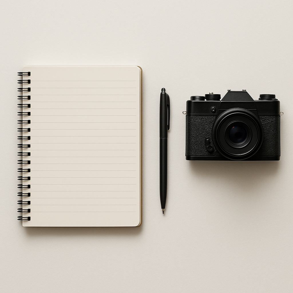 Minimal workspace flat-lay with camera and notebook