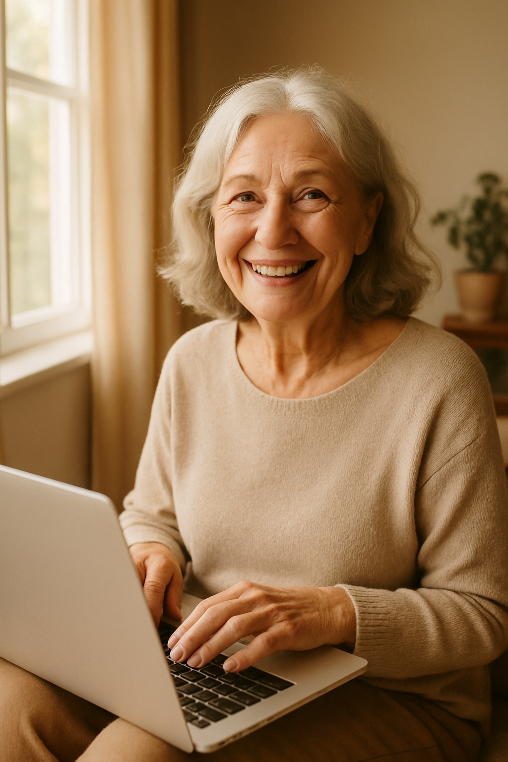 Smiling senior woman with laptop in warm light
