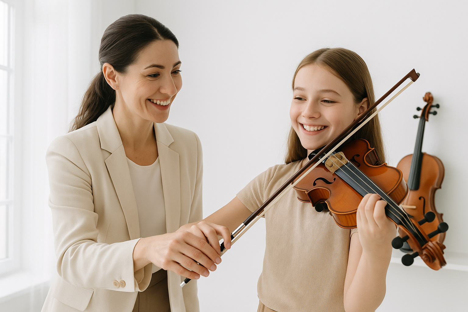 Tutor guiding a student with the violin